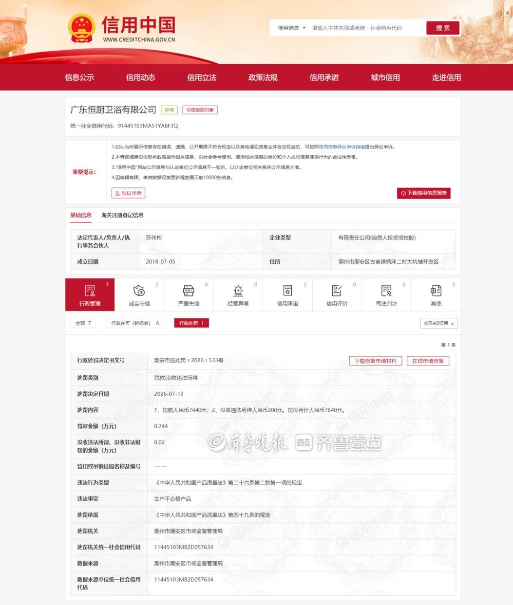 廣東恆廚衛浴有限公司因生產不合格產品被罰沒7640元