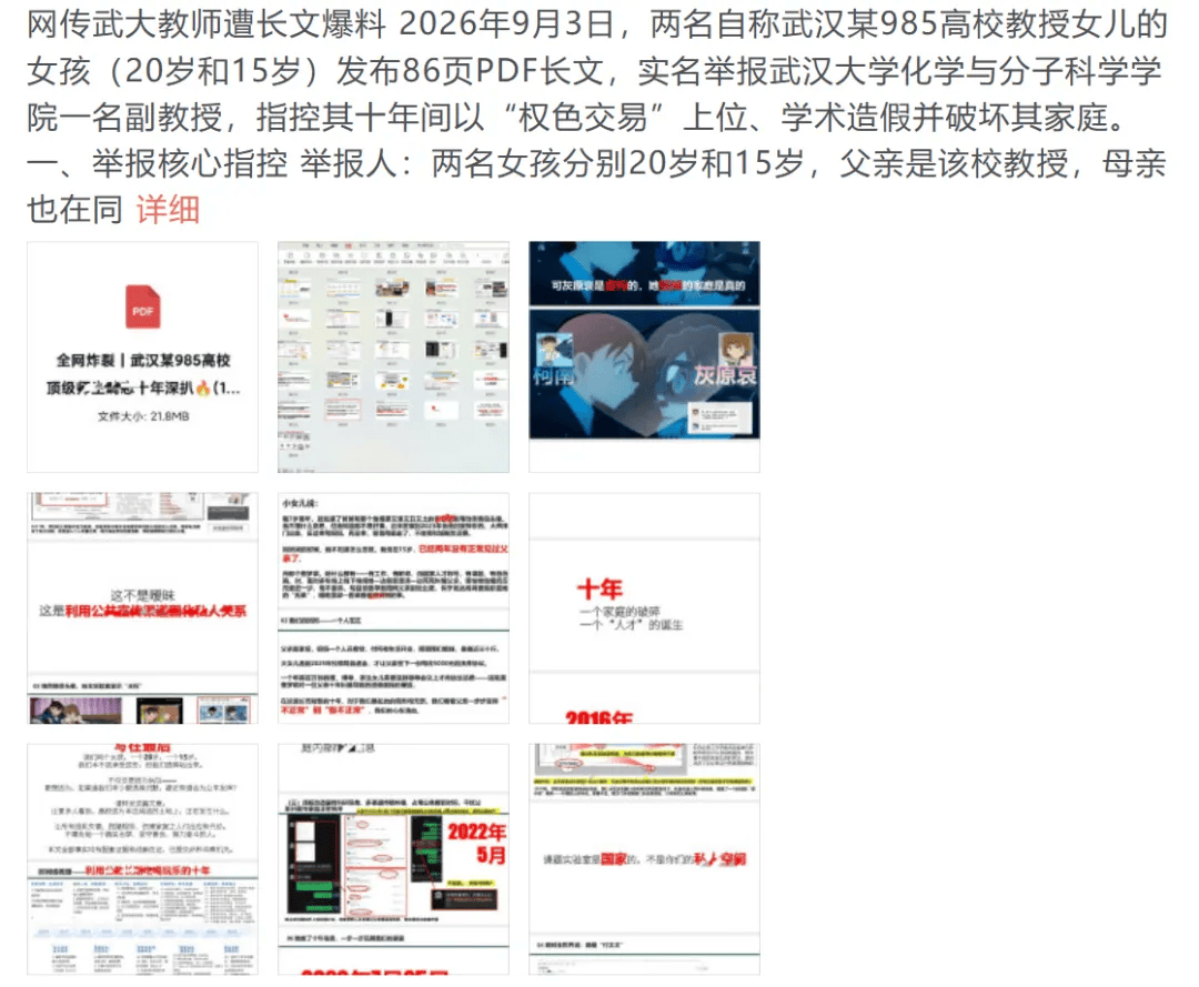 “網友86頁PDF長文舉報武漢大學女教授破壞其家庭”，男方系安徽大學副校長，安徽大學回應：正在調查